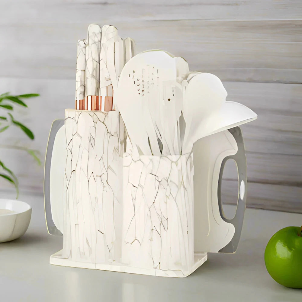 Black Marble Utensil & Knife Block Set - Gold Vein Countertop Organizer