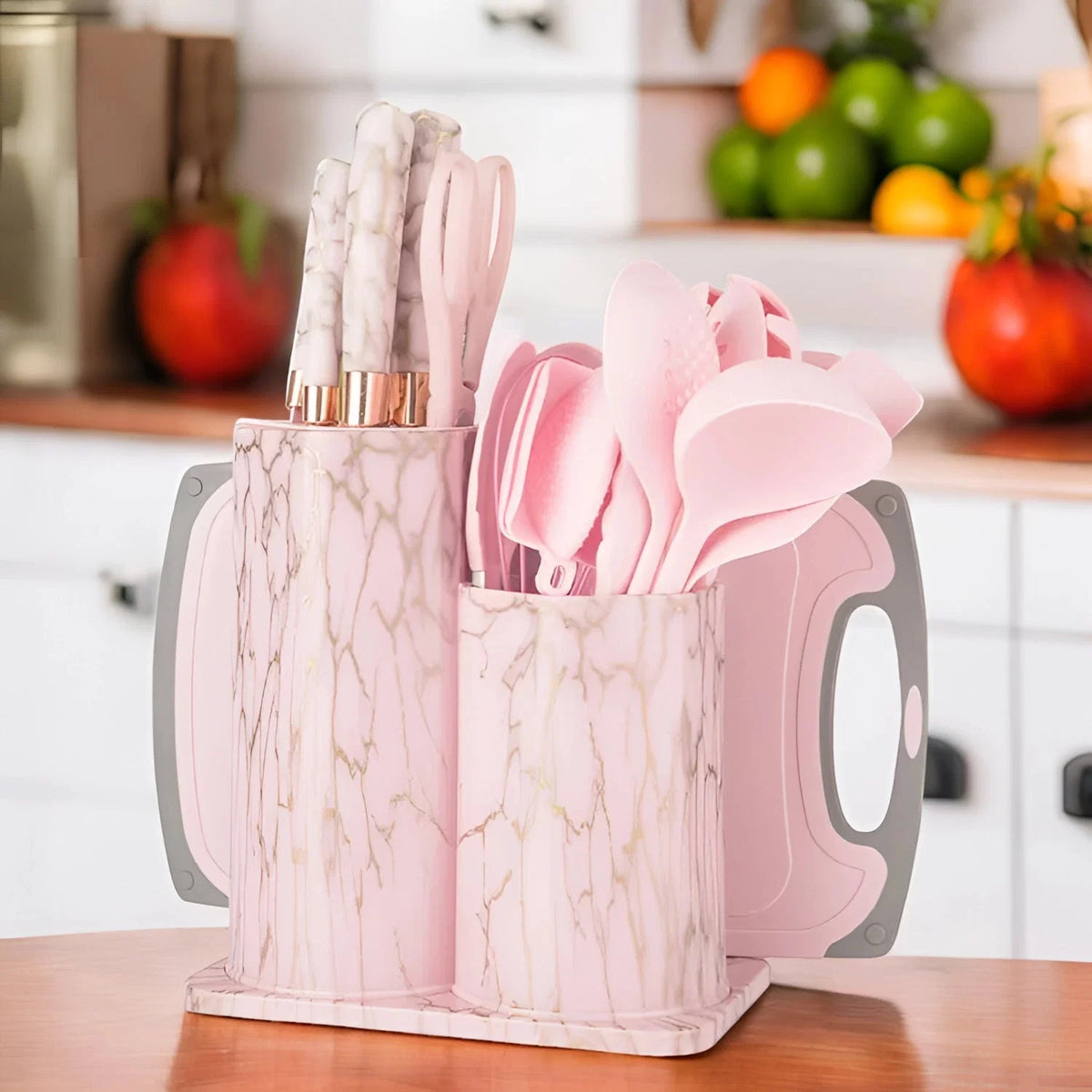 Black Marble Utensil & Knife Block Set - Gold Vein Countertop Organizer