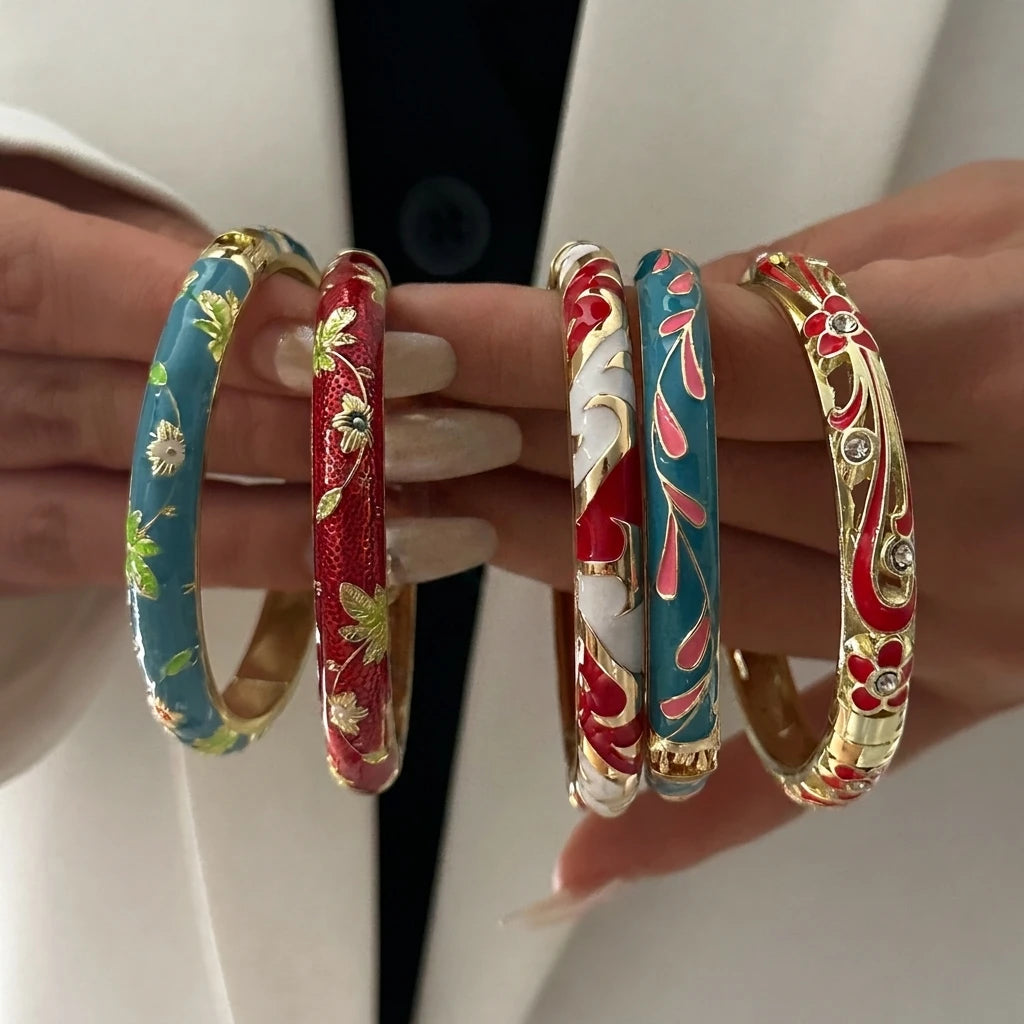 BR26Y0270-MIX5 Couleur du métal Bracelet Fleur Émaillée Doré Rétro Avec Zircon Brillant