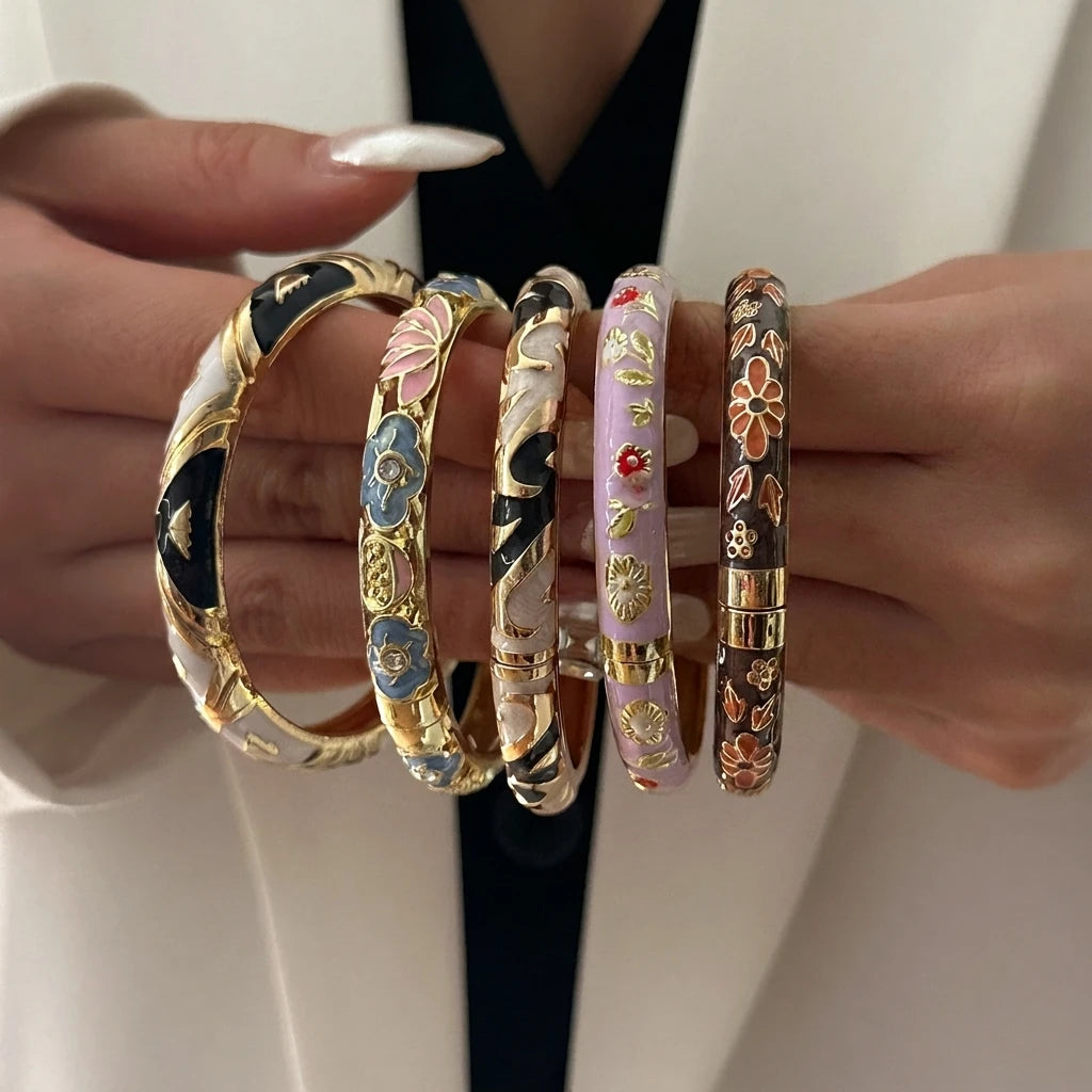 BR26Y0276-MIX5 Couleur du métal Bracelet Fleur Émaillée Doré Rétro Avec Zircon Brillant
