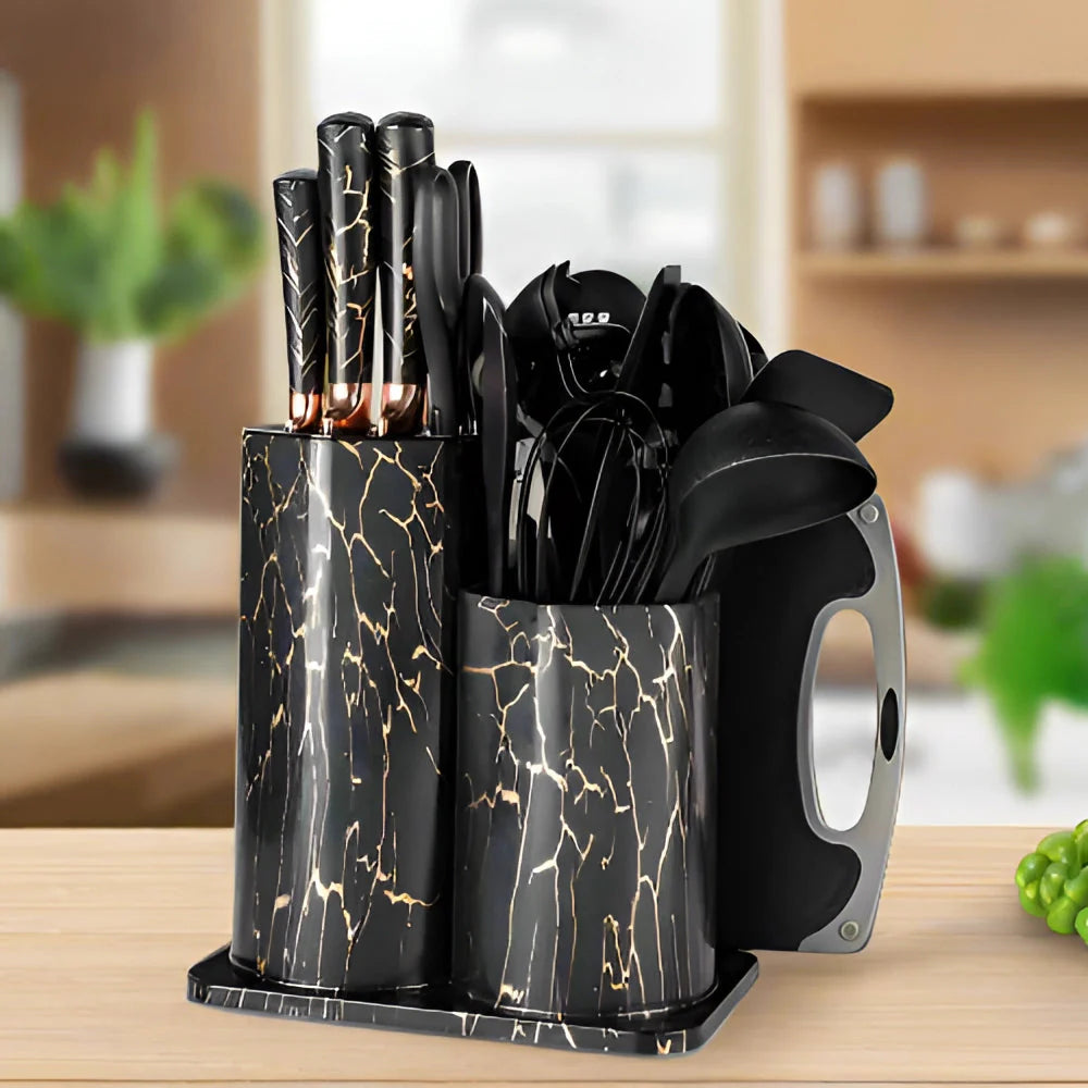 Black Marble Utensil & Knife Block Set - Gold Vein Countertop Organizer