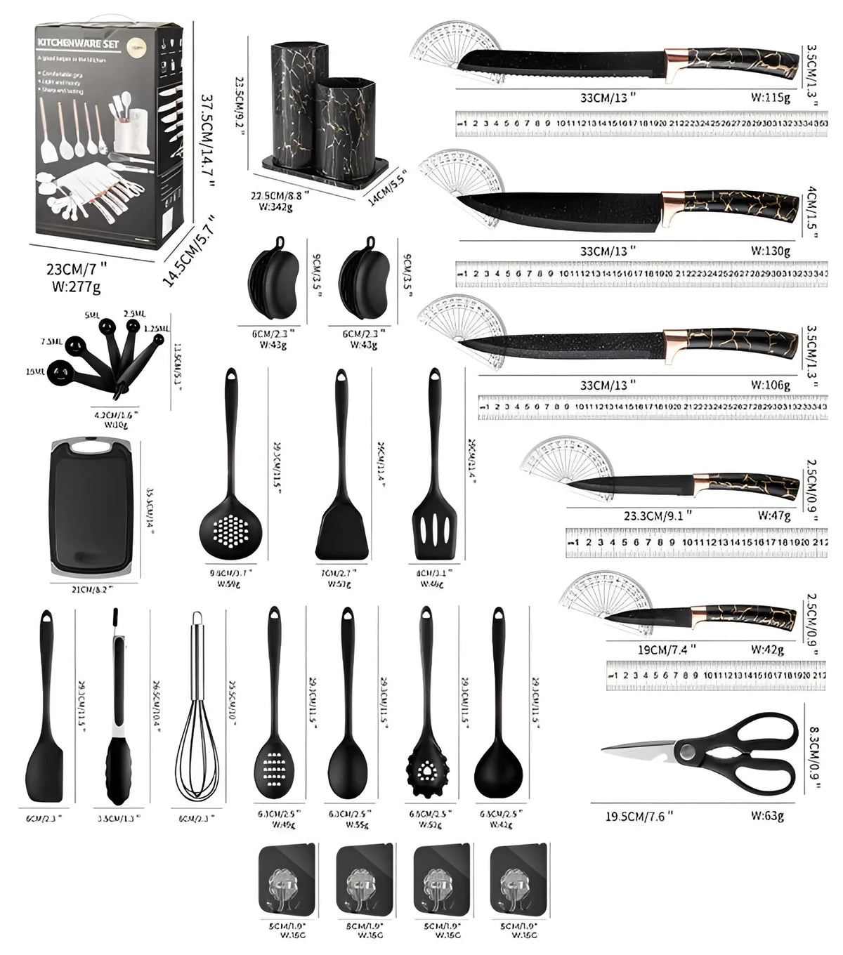 Black Marble Utensil & Knife Block Set - Gold Vein Countertop Organizer